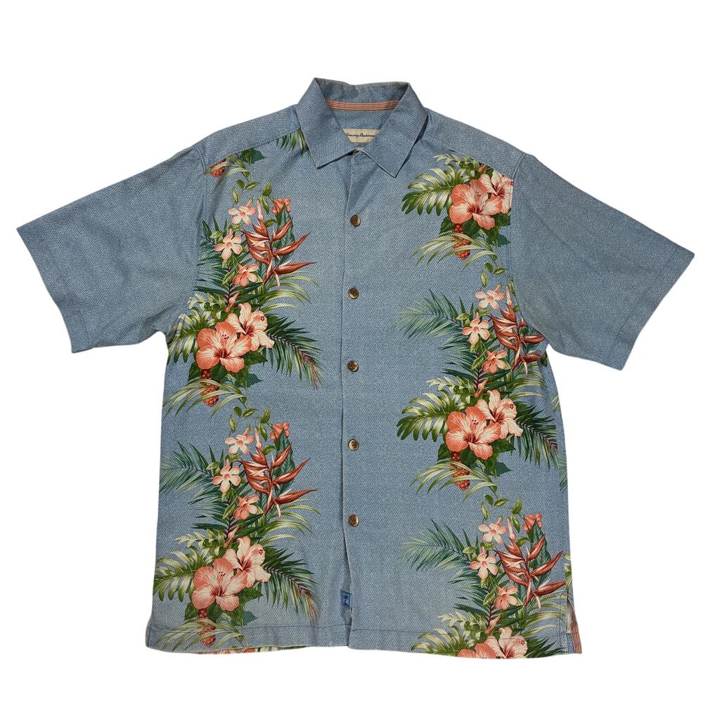 Tommy Bahama Silk Blue Shirt Mens Large Floral Leilani Vines Camp Collar